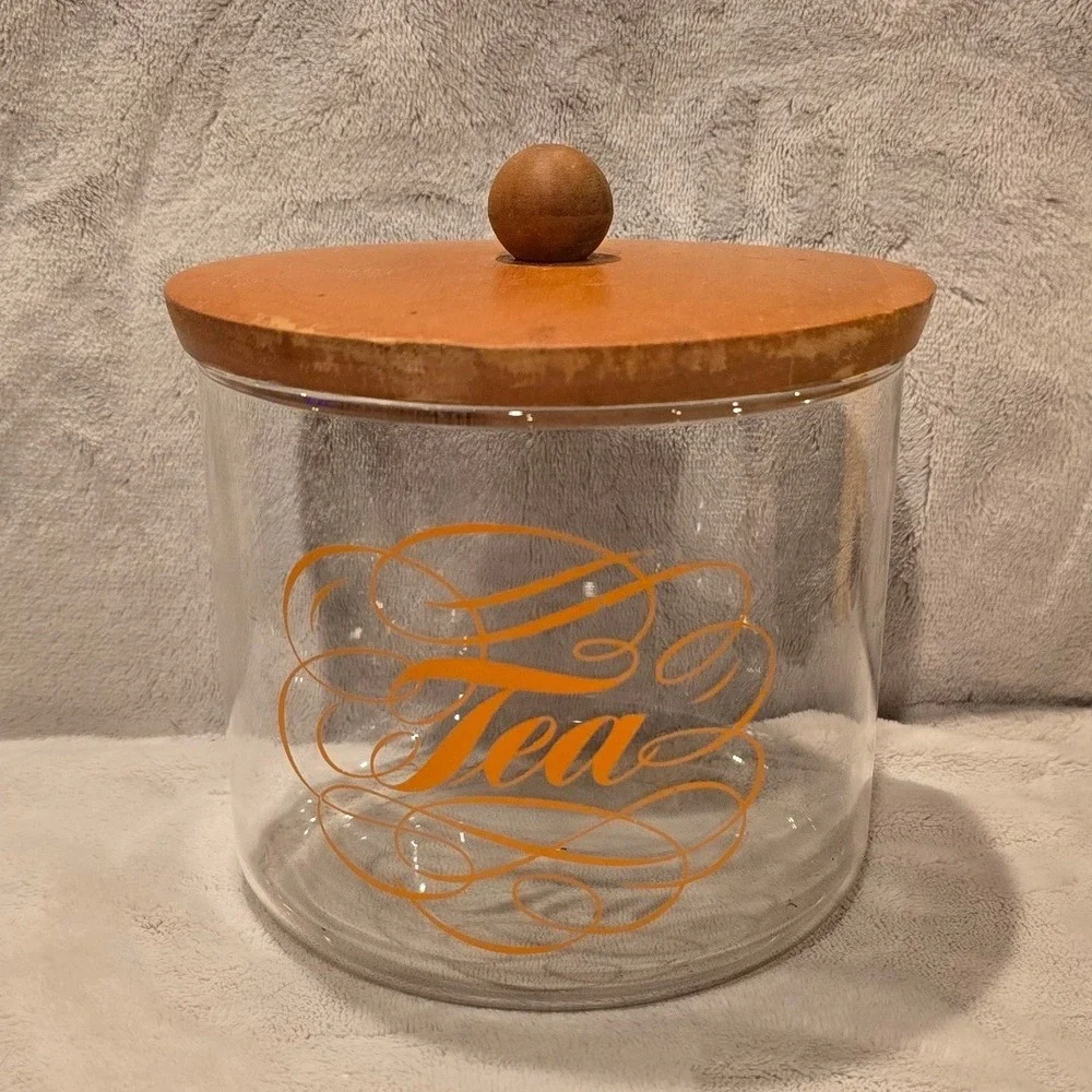 Vintage Glass Tea Canister with Wooden Lid Orange Script Graphic Storage Jar